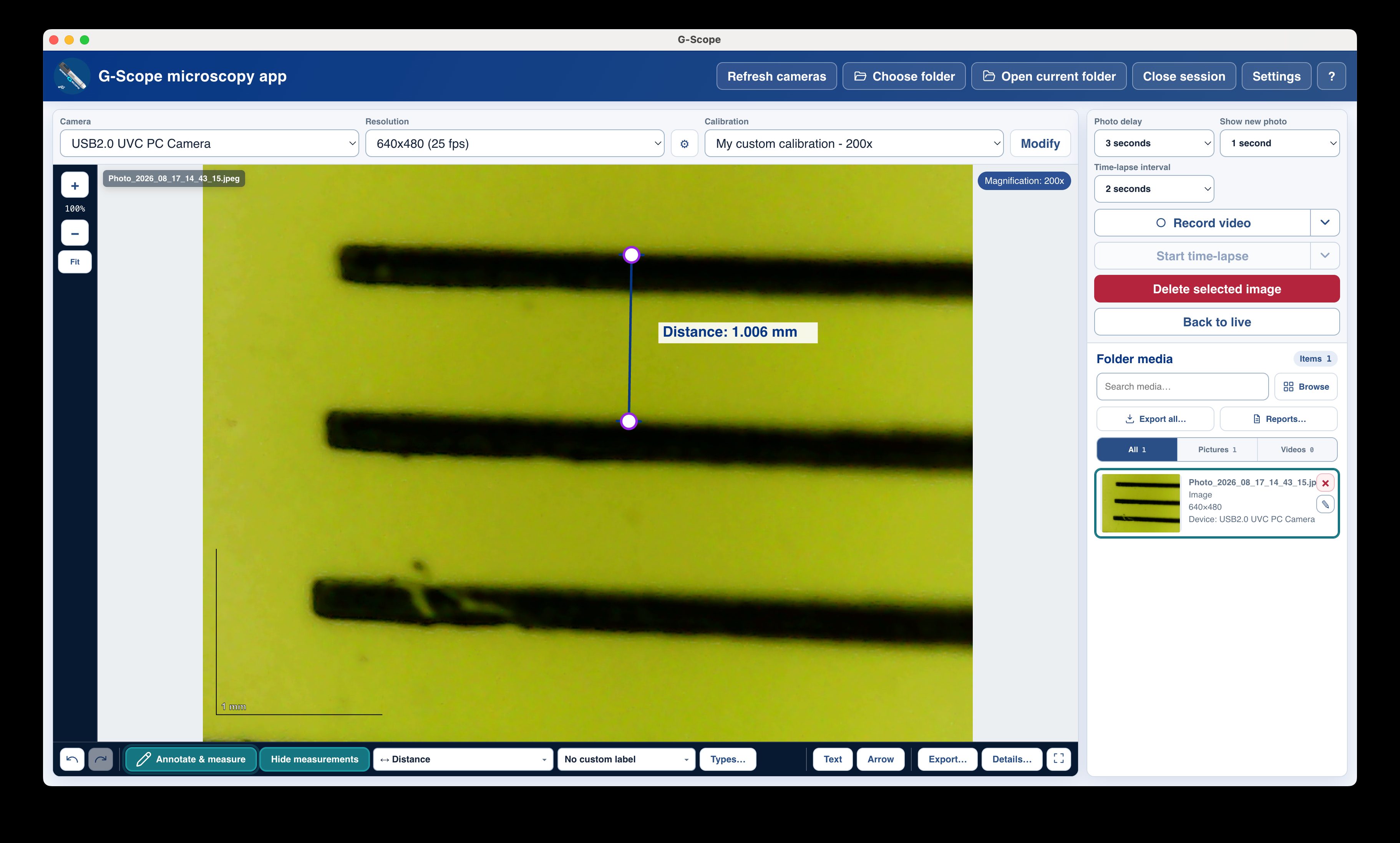 Generic USB microscope live view in G-Scope Desktop