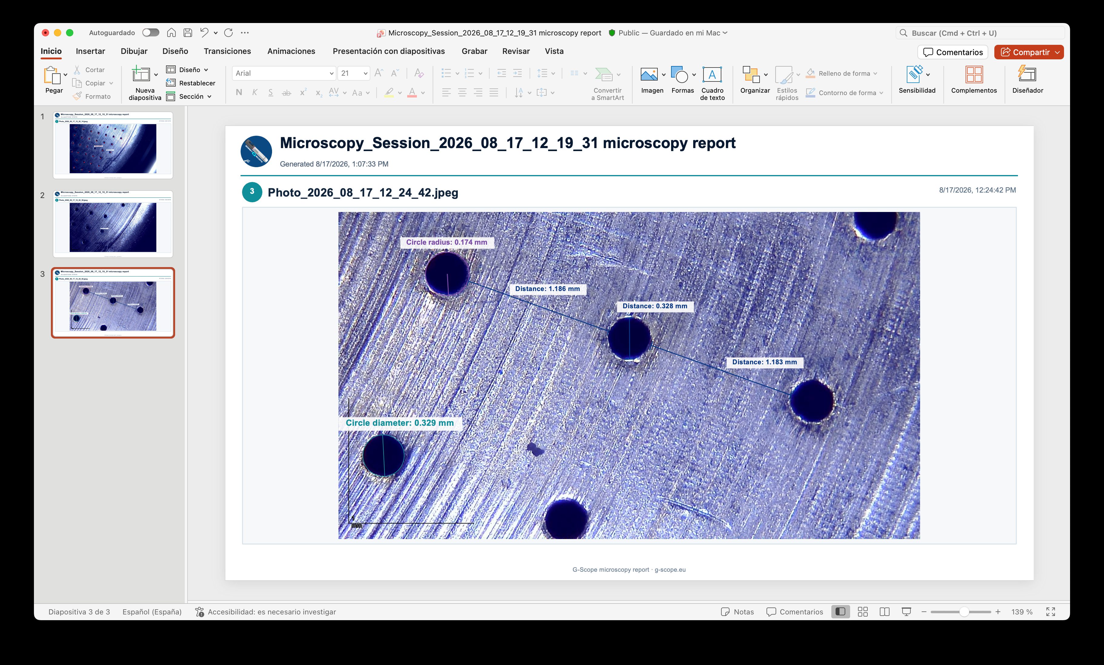 PowerPoint report slide with measurement tables and summaries