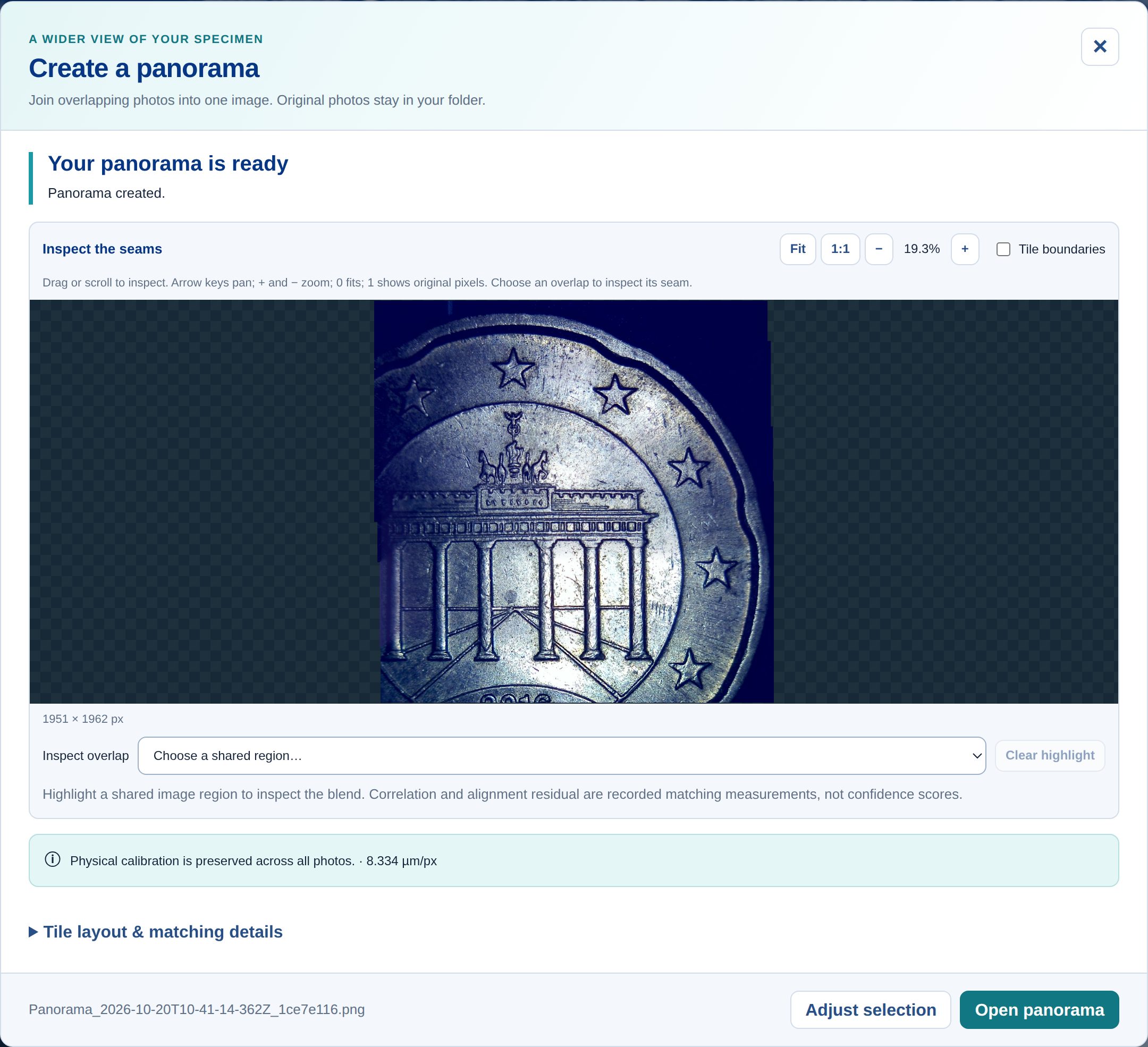G-Scope Desktop showing a completed microscope panorama of a coin and seam inspection controls